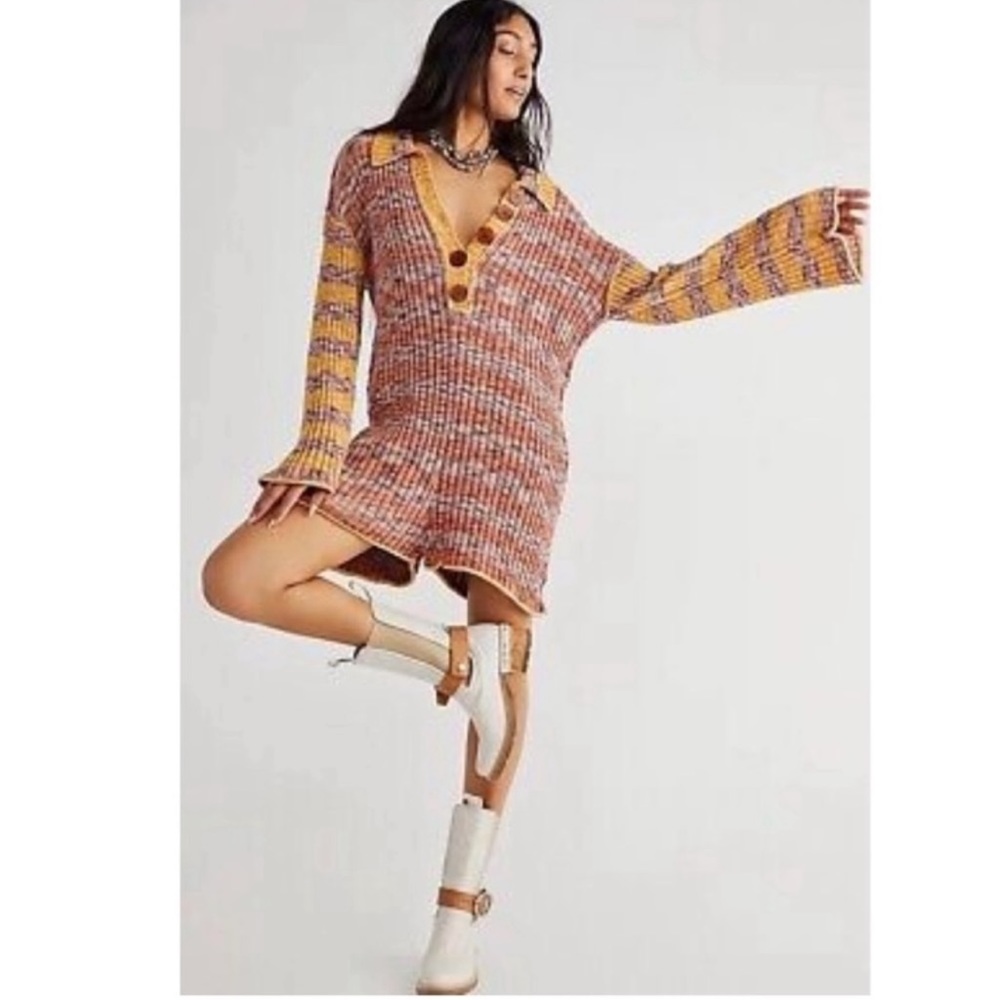 NWOT Free People Multicolor Knit Romper in Rust and Mustard size Small